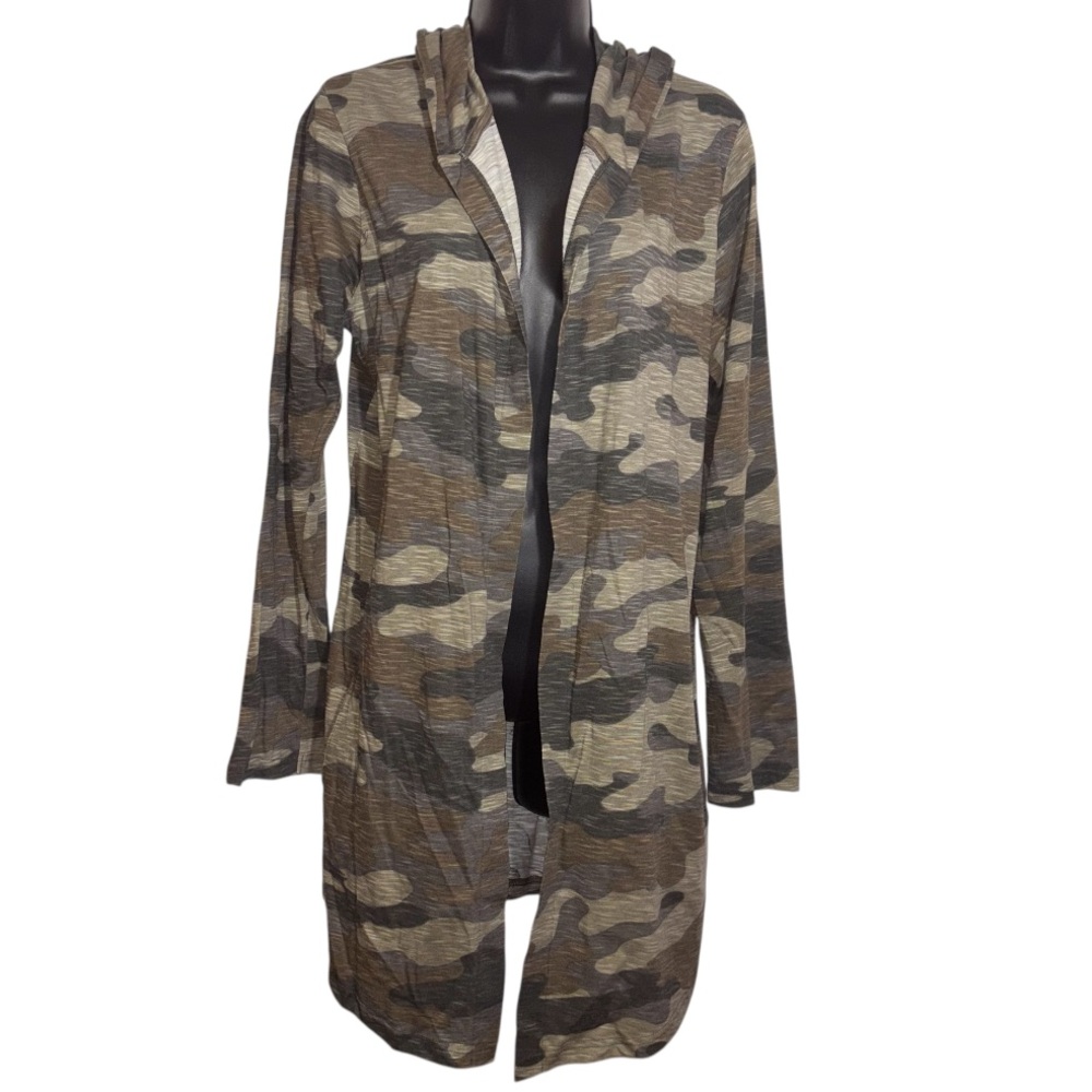 Duster Open Front Camo Print Long Sleeve Hooded Long Line Women’s Size Small